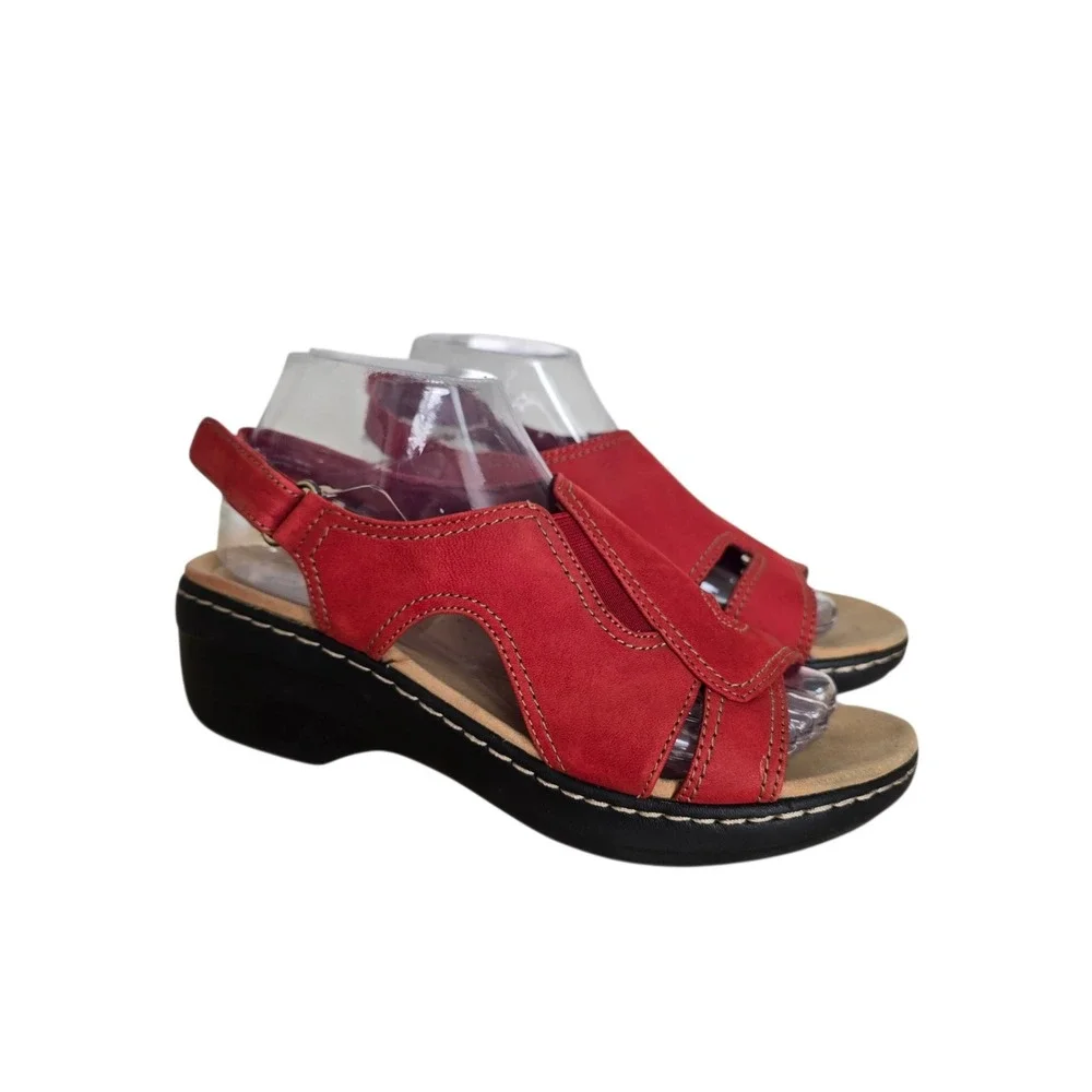 Clarks Collection Womens Red Leather Slingback Wedge Sandals Size 8 M